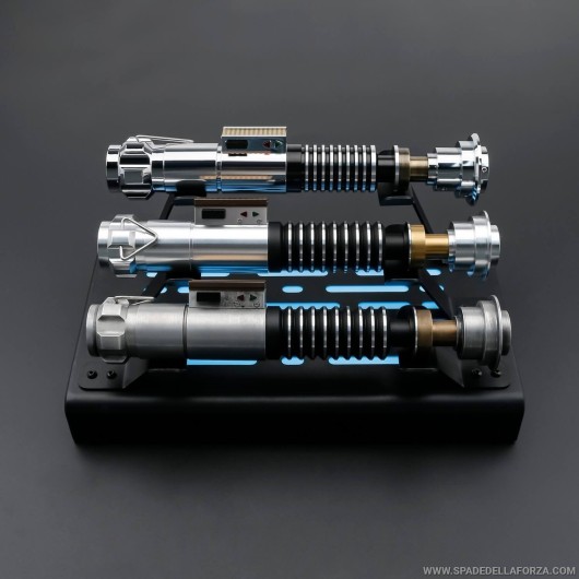 metal lightsaber stand with lights.