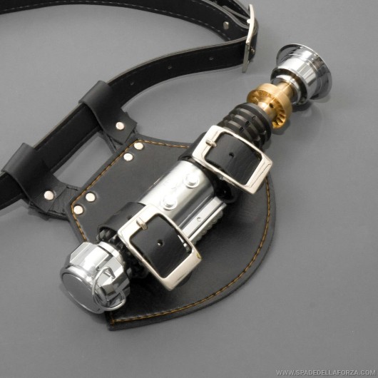 Faux leather lightsaber holder for belt, single handle.